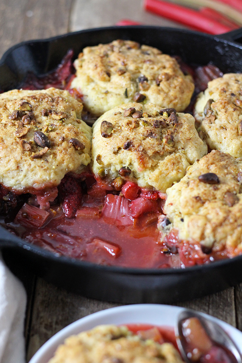 Strawberry Rhubarb Cobbler with Pistachio Biscuits