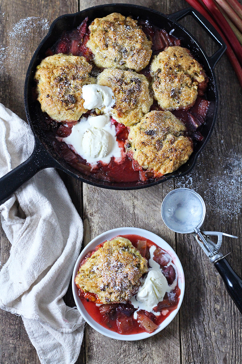 Strawberry Rhubarb Cobbler with Pistachio Biscuits