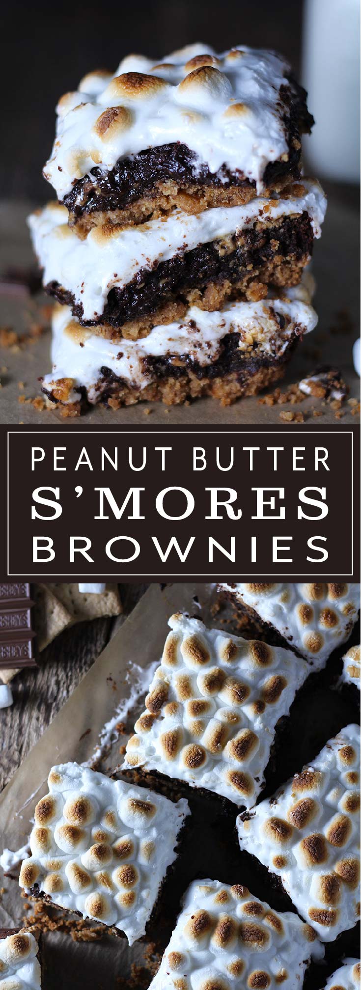 Graham cracker crust covered with fudgy brownies swirled with peanut butter and topped with melted marshmallows. Nothing says summer like s’mores over the campfire and these Peanut Butter S’mores Brownies take summer to the next level!
