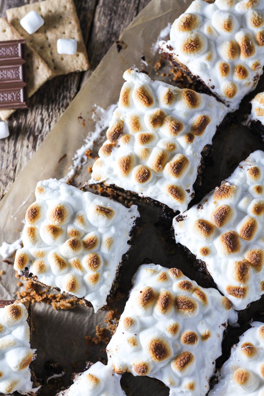 pan of peanut butter s'mores brownies