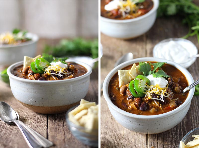 Hearty, easy-to-make chili with a kick! Loaded with five kinds of peppers from sweet to spicy, made with a full can of beer and homemade chili seasoning, and packed with beef and 4 kinds of beans. 