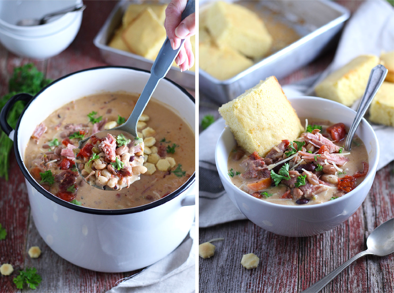 Easy-to-make, hearty soup packed with smoked ham and 6 kinds of beans. One of my favorite cold weather comfort foods. 