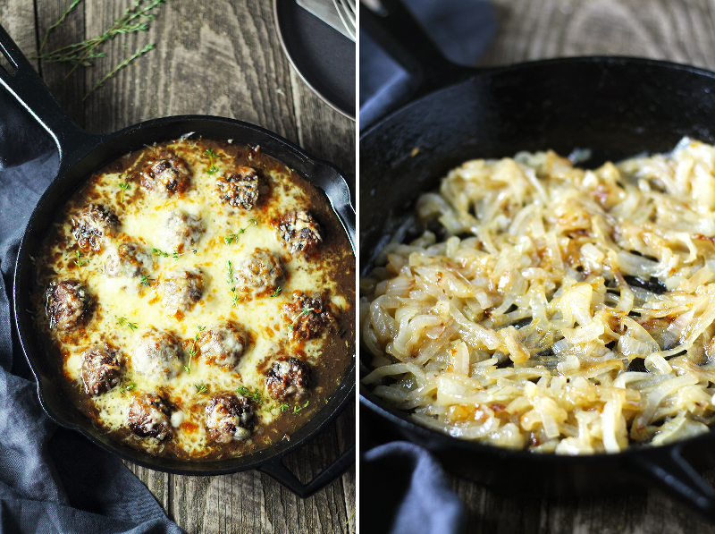 One skillet French Onion Cheese Stuffed Meatballs are the perfect alternative to soup! Meatballs stuffed with Swiss cheese and smothered in perfectly caramelized onion and red wine gravy.