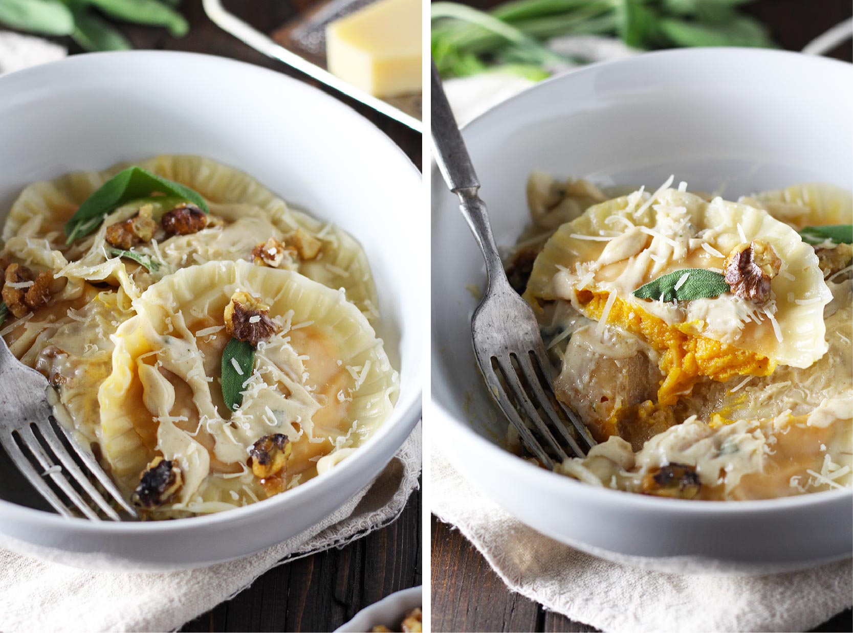 Butternut squash ravioli made super easy with wonton wrappers! Served with creamy and sweet brown butter sage sauce and homemade candied walnuts.