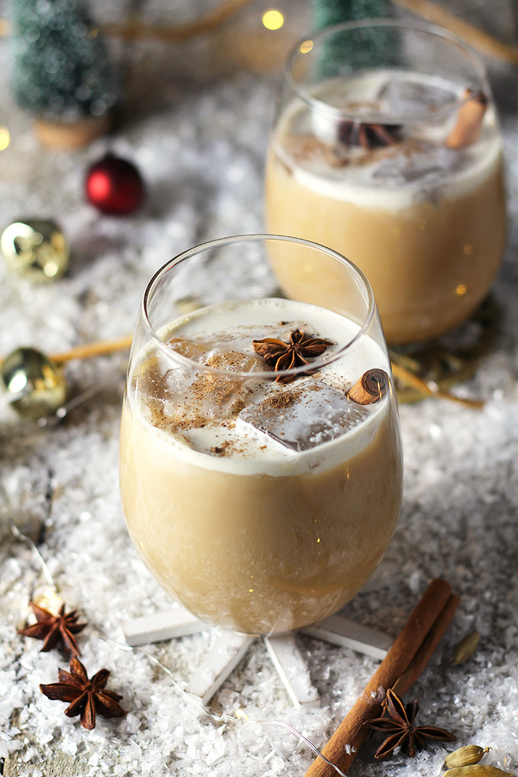 Classic White Russian spiced up with homemade coffee and chai syrup. The ultimate holiday drink that everyone will love.