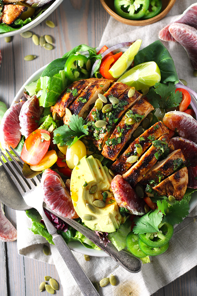 Chipotle Chicken and Blood Orange Salad with Honey Lime Dressing is my winter salad of choice. It's great for meal prep or an easy, healthy weeknight dinner. This salad is packed with lots of greens, veggies, protein and immune-boosting citrus fruit!