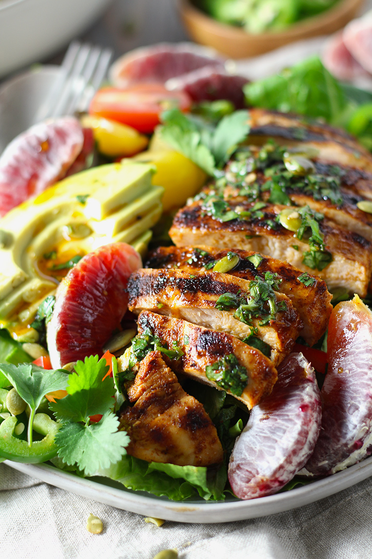Chipotle Chicken and Blood Orange Salad with Honey Lime Dressing is my winter salad of choice. It's great for meal prep or an easy, healthy weeknight dinner. This salad is packed with lots of greens, veggies, protein and immune-boosting citrus fruit!