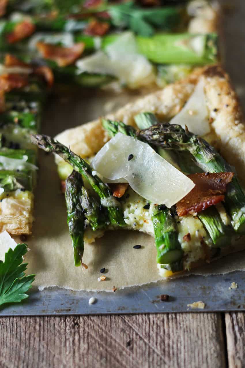 three cheese, asparagus, and bacon tart closeup