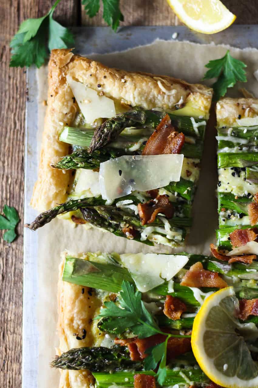 sliced three cheese, asparagus, and bacon tart 