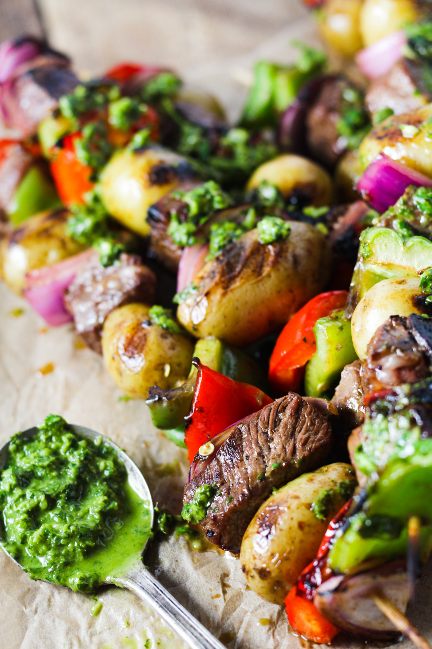 steak and potato kabobs served with chimichurri sauce