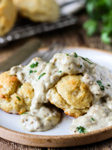 homemade biscuits topped with sausage gravy