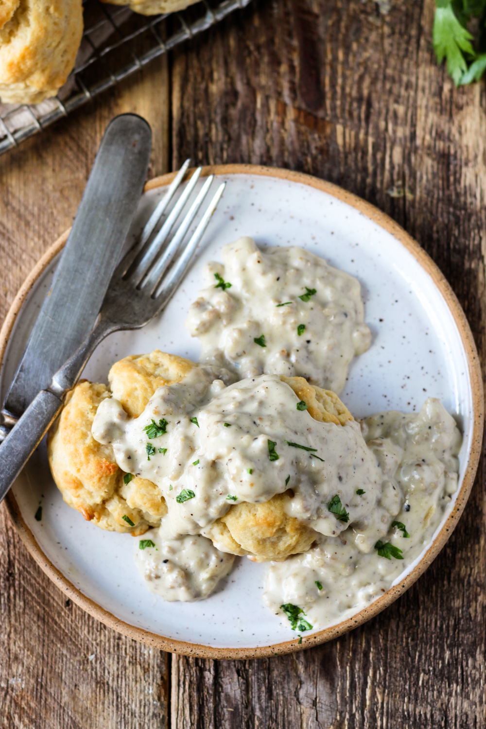 Homemade drop biscuits smothered in sausage gravy