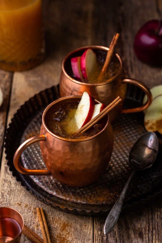 spiced apple cider moscow mule in copper mug with apple slices and cinnamon sticks