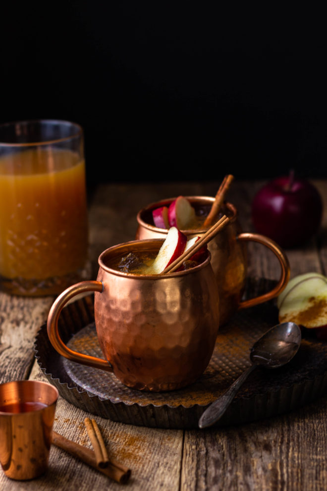spiced apple cider moscow mule in copper mug