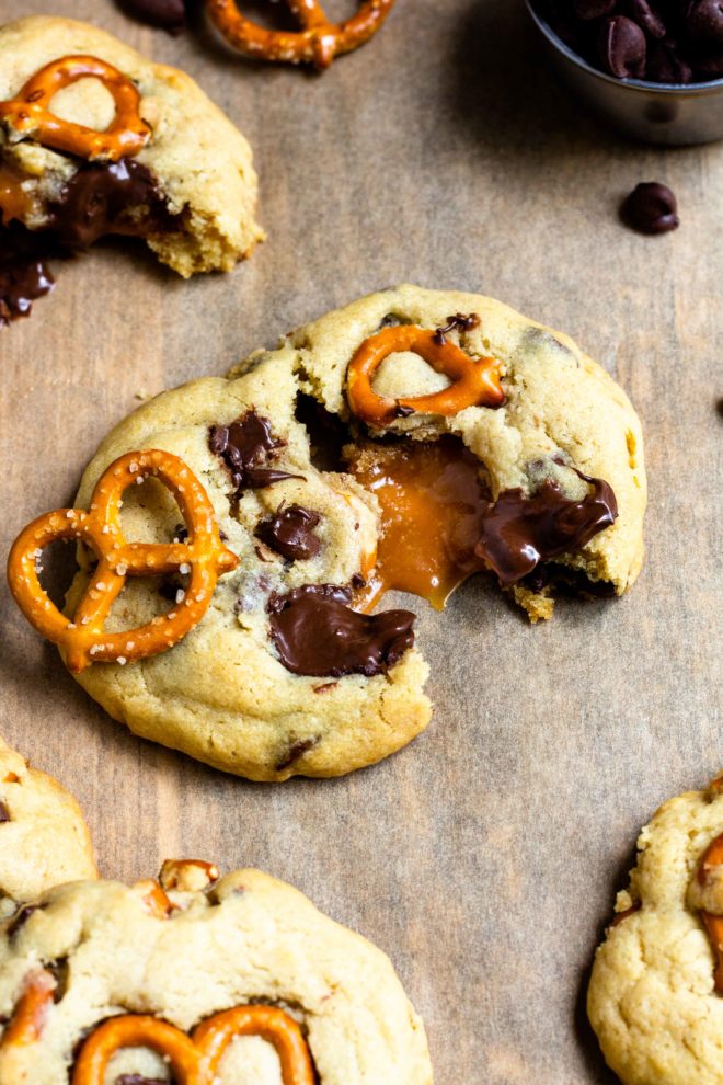 caramel filling in a pretzel chocolate chip cookie