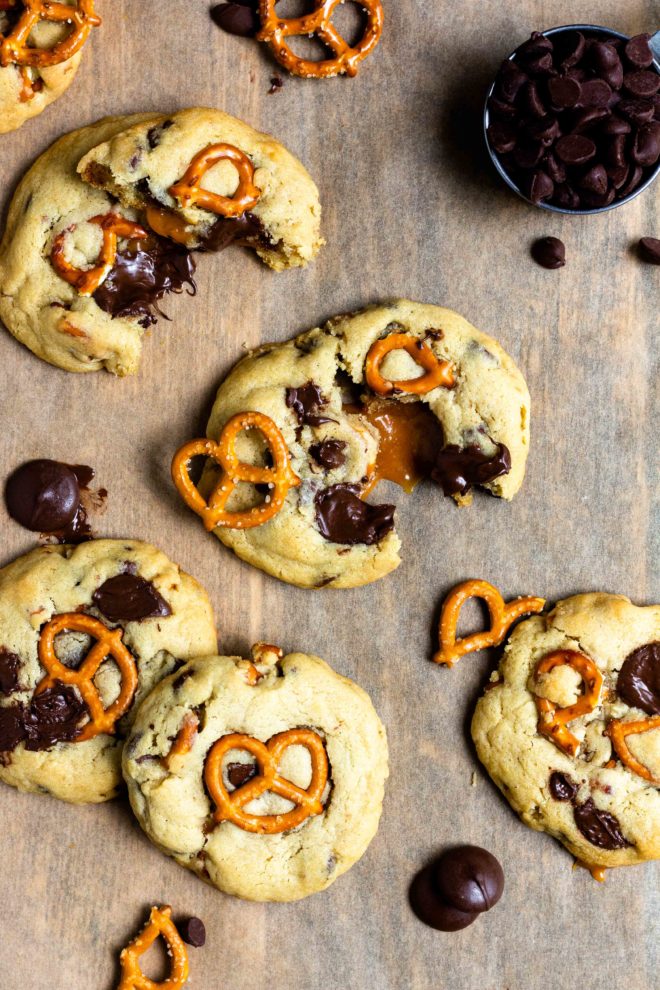 caramel filled chocolate chip cookies with pretzels