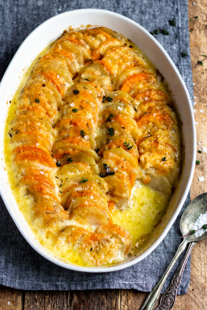 baked cheesy gratin russet potatoes and sweet potatoes