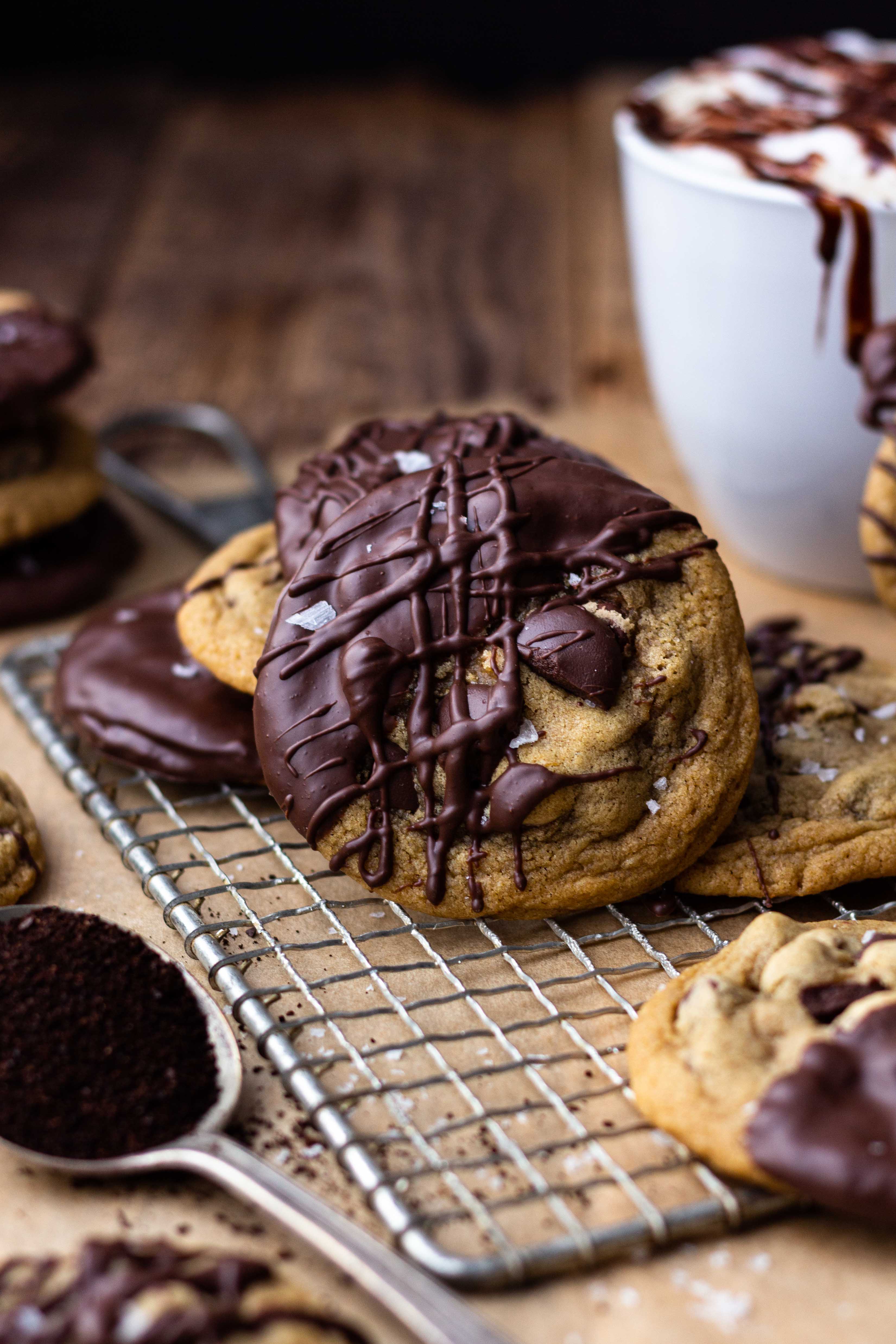 chocolate mocha cookies drizzled with chocolate