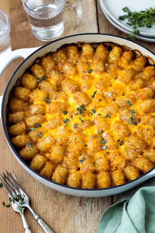 breakfast tater tot casserole in skillet