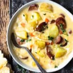 bowl of smoked sausage and potato cheese soup