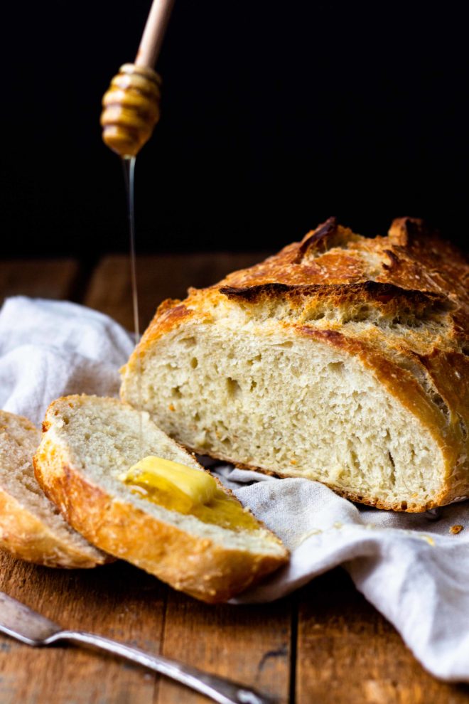 crusty bread with butter and honey