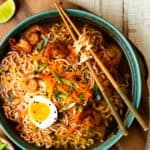 Homemade ramen noodle soup that is all made in one pot and ready in 30 minutes. Made with delicious chili lime seasoned broth, shrimp and lots of ramen noodles. A little spicy and so so good!!
