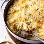 My favorite way to eat hashbrowns! From Scratch Cheesy Sharp Cheddar and Hashbrown Casserole is all made in one skillet and only takes 15 minutes to prepare! It's cheesy, creamy, and so delicious!! The homemade sauce sets this hashbrown casserole apart! No canned soup in this recipe! Hashbrown casserole is so versatile, it can be served as a side dish for brunch or dinner.