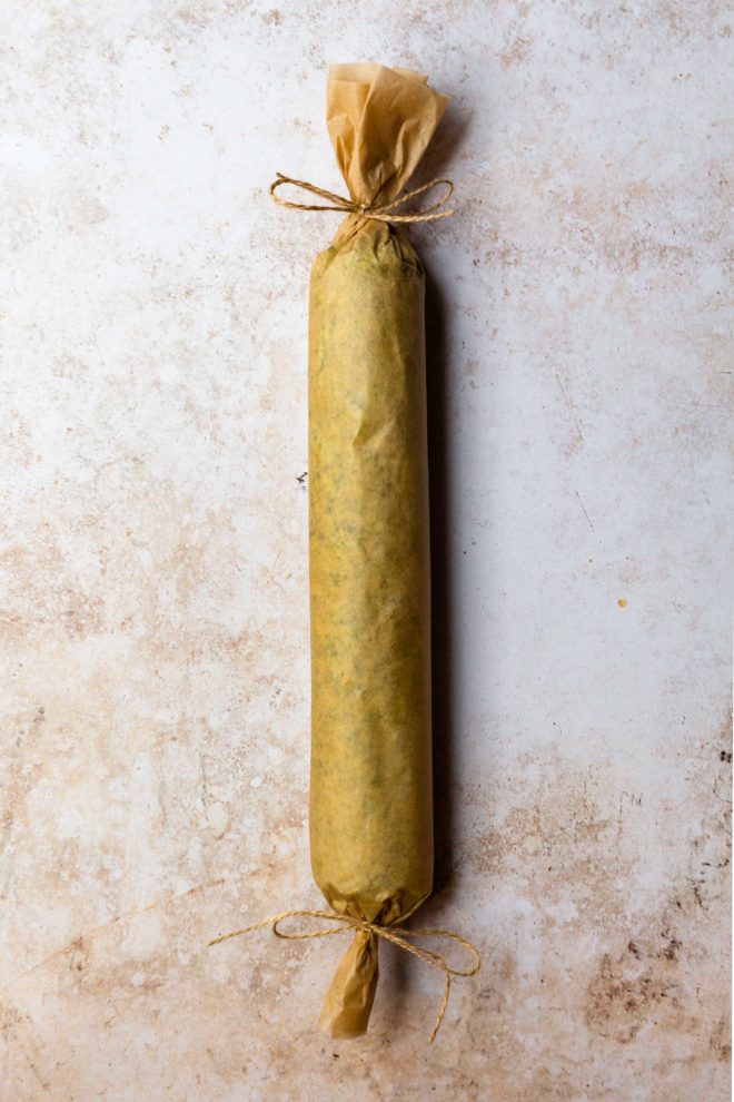 ramp butter rolled into a log, wrapped in parchment paper and tied with strings