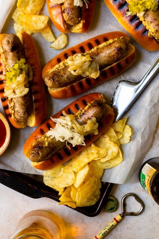Grilled Beer Boiled Brats with Beer Caramelized Onions Modern