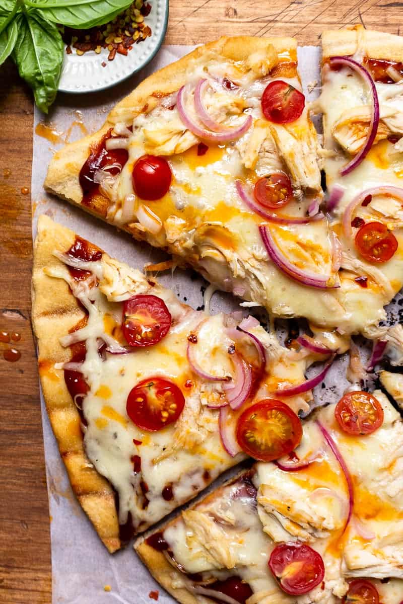 grilled pizza drizzled with hot honey butter