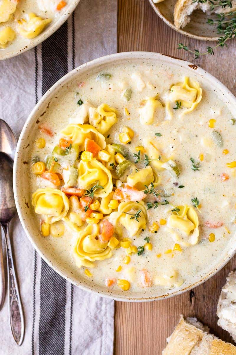 bowl of creamy chicken and cheese tortellini soup