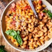 bowl of creamy tomato basil pasta