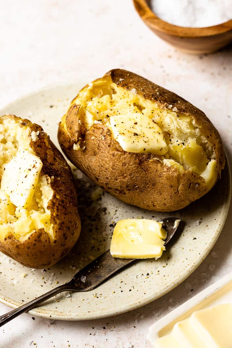 russet baked potatoes with butter, salt and pepper