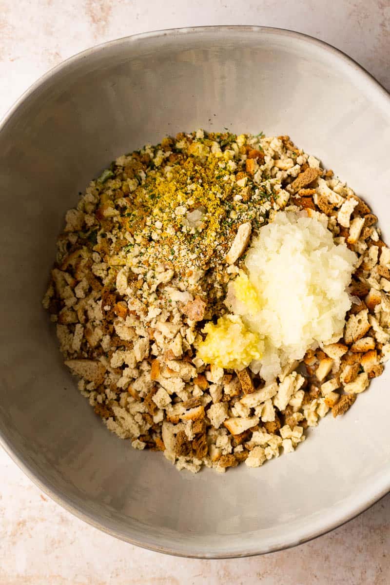 stuffing mix in a bowl with onion and garlic