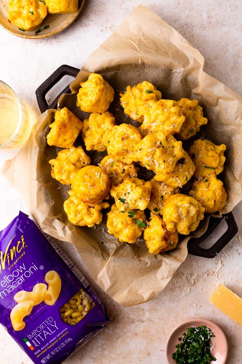 baked Mac and cheese bites on a serving dish