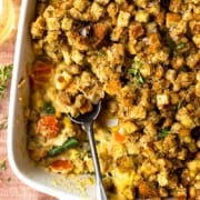 chicken stuffing casserole in a baking dish