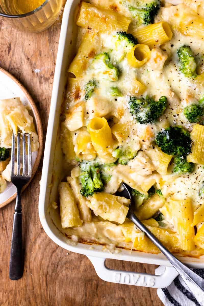 chicken, pasta, broccoli and cheese sauce baked together