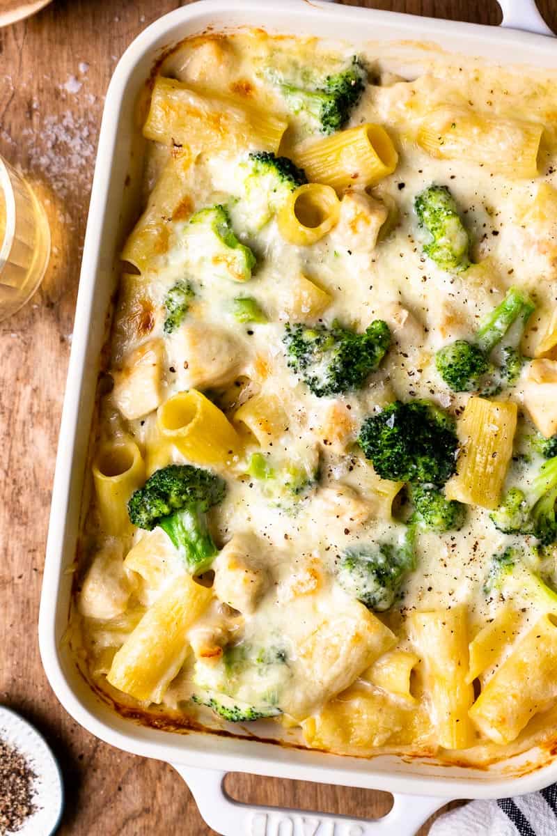 chicken, broccoli, pasta and cheese sauce baked in a baking dish