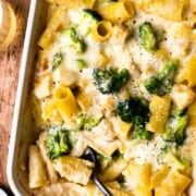 serving chicken and broccoli pasta bake