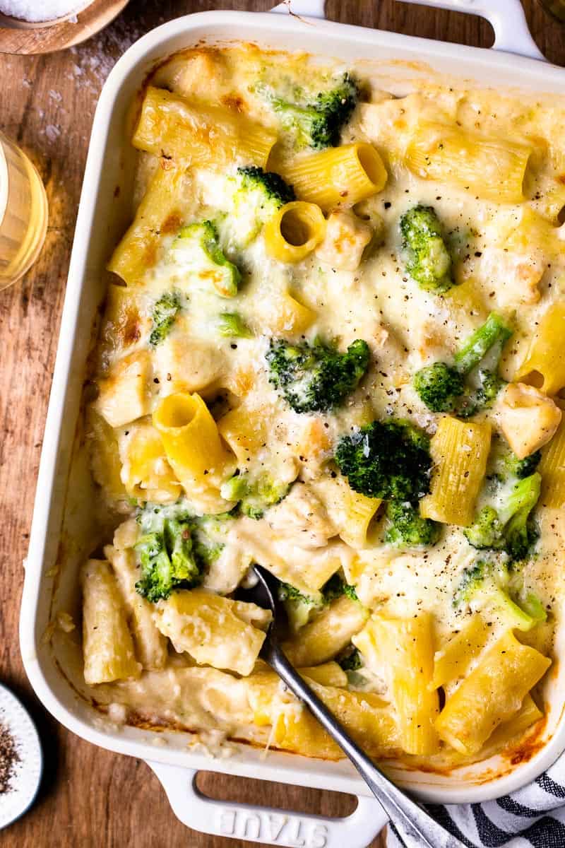 serving chicken and broccoli pasta bake