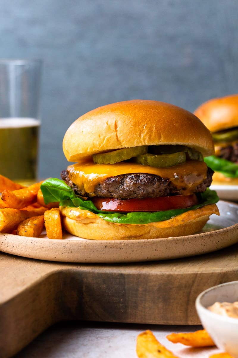 venison burger on a plate with fries