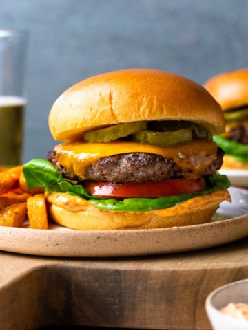 venison burger with cheese and burger toppings