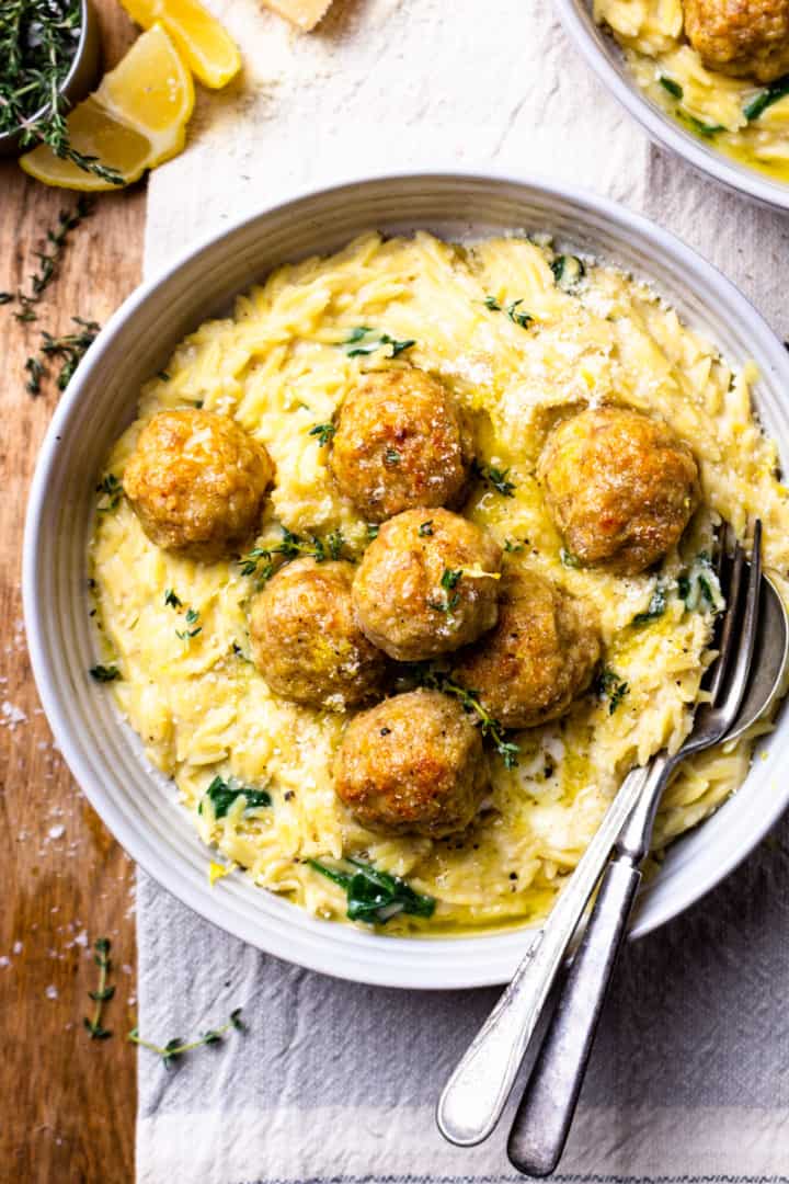 Baked Lemon Butter Chicken Meatballs with Creamy Spinach Orzo Modern