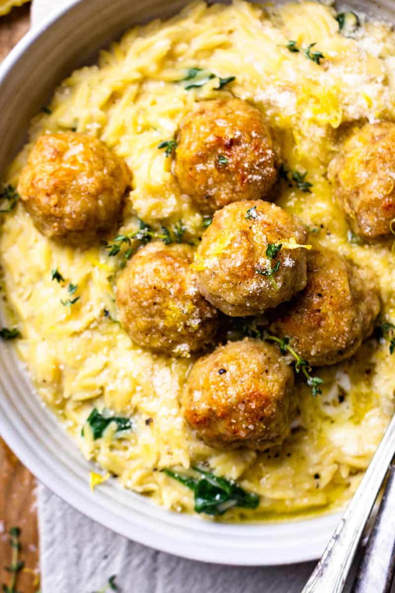 cheesy orzo with lemon butter chicken meatballs