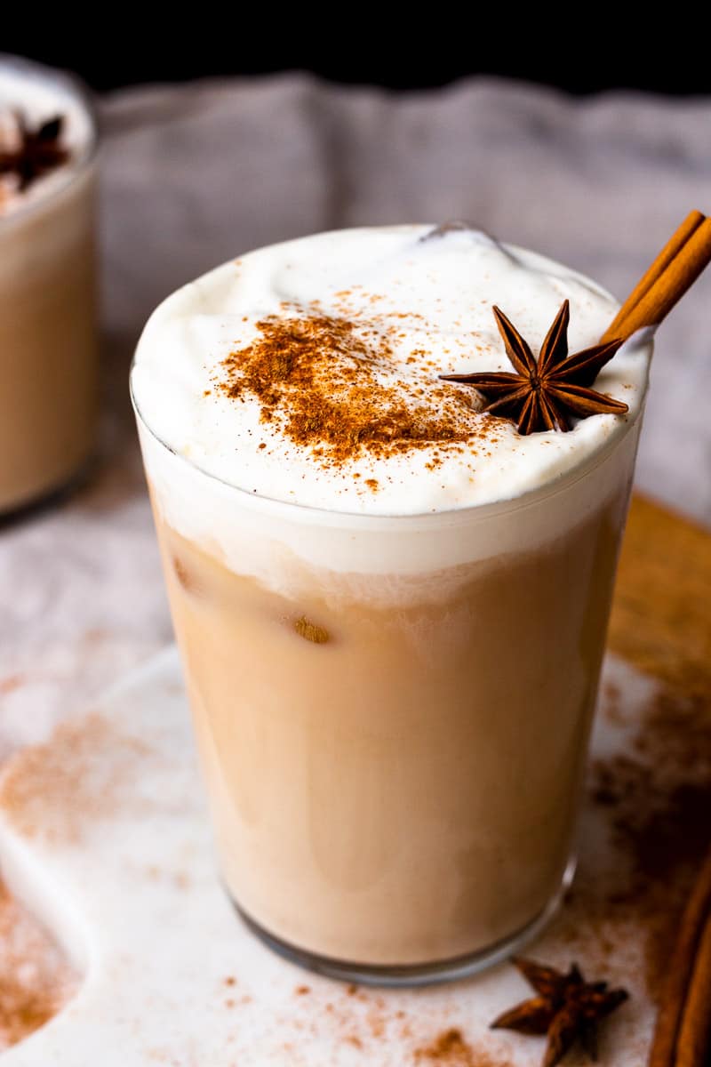 chai tea latte topped with cold foam
