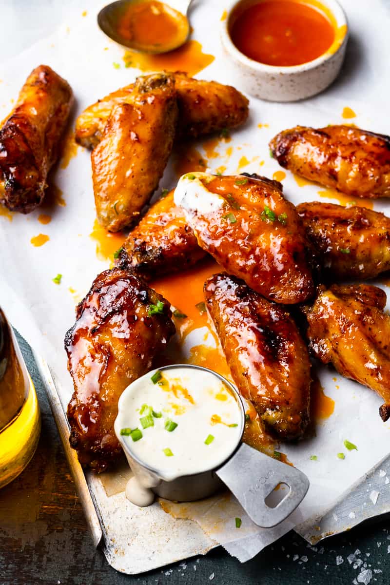 hot honey butter chicken wings dipped in ranch