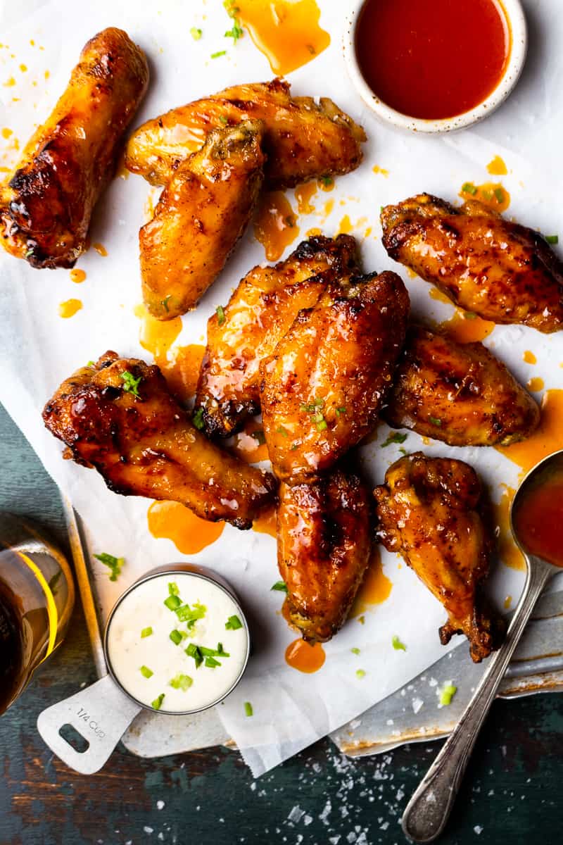 air fryer chicken wings covered in hot honey butter
