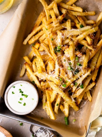 garlic parmesan fries in a basket