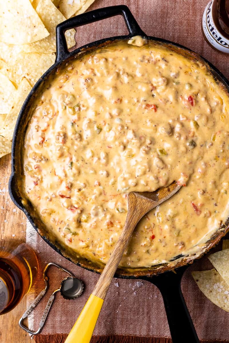 hot queso in a cast iron skillet