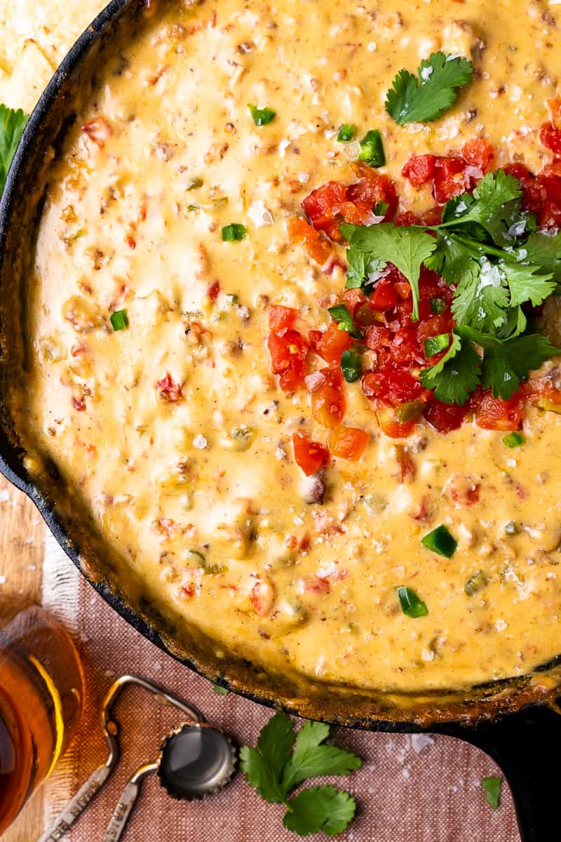 smoked queso in a cast iron skillet